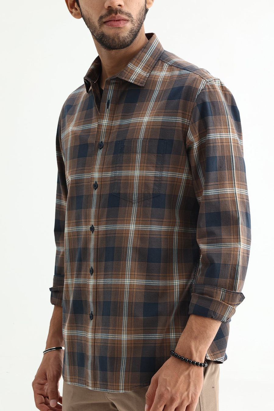 BASICS SLIM FIT COCOA NAVY COTTON TWILL CHECKS SHIRT