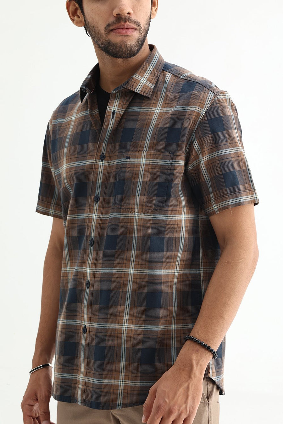 BASICS SLIM FIT COCOA NAVY COTTON TWILL CHECKS HALFSLEEVES SHIRT