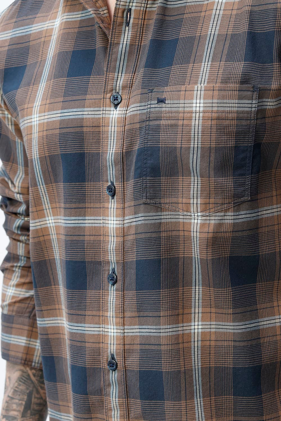 BASICS SLIM FIT COCOA NAVY COTTON TWILL CHECKS SHIRT