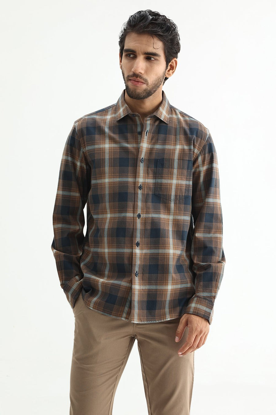BASICS SLIM FIT COCOA NAVY COTTON TWILL CHECKS SHIRT