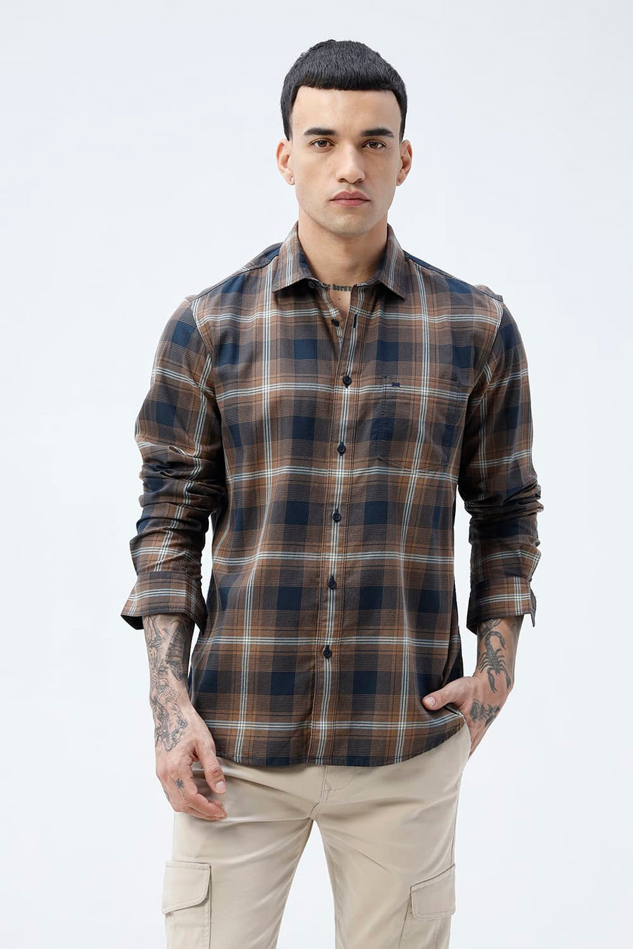 BASICS SLIM FIT COCOA NAVY COTTON TWILL CHECKS SHIRT