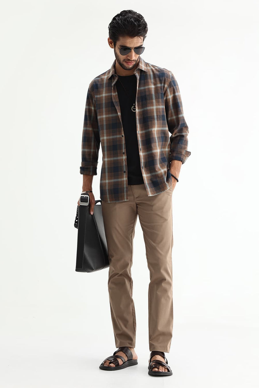 BASICS SLIM FIT COCOA NAVY COTTON TWILL CHECKS SHIRT