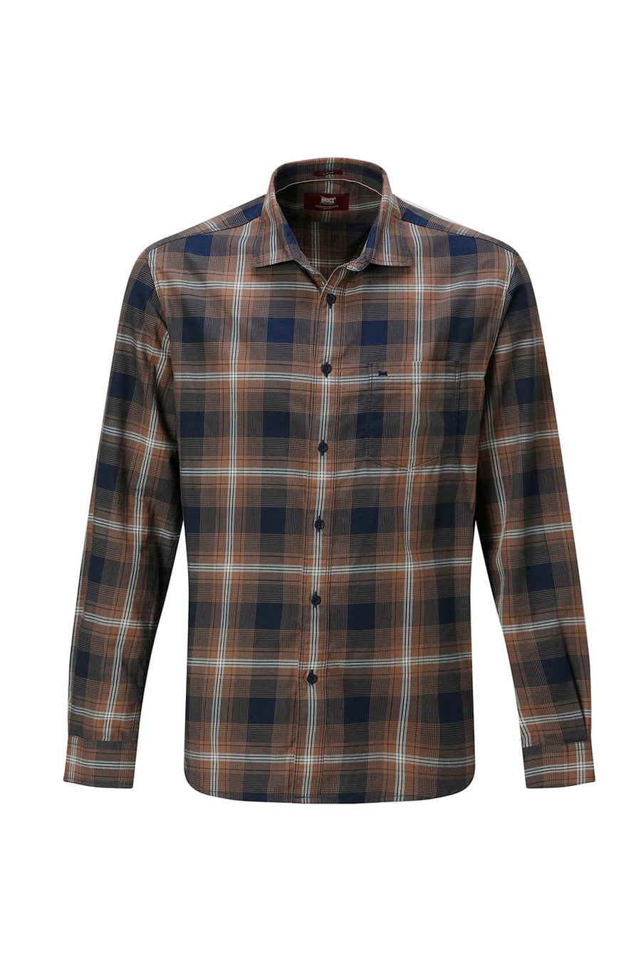 BASICS SLIM FIT COCOA NAVY COTTON TWILL CHECKS SHIRT