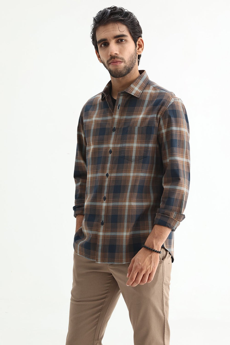 BASICS SLIM FIT COCOA NAVY COTTON TWILL CHECKS SHIRT