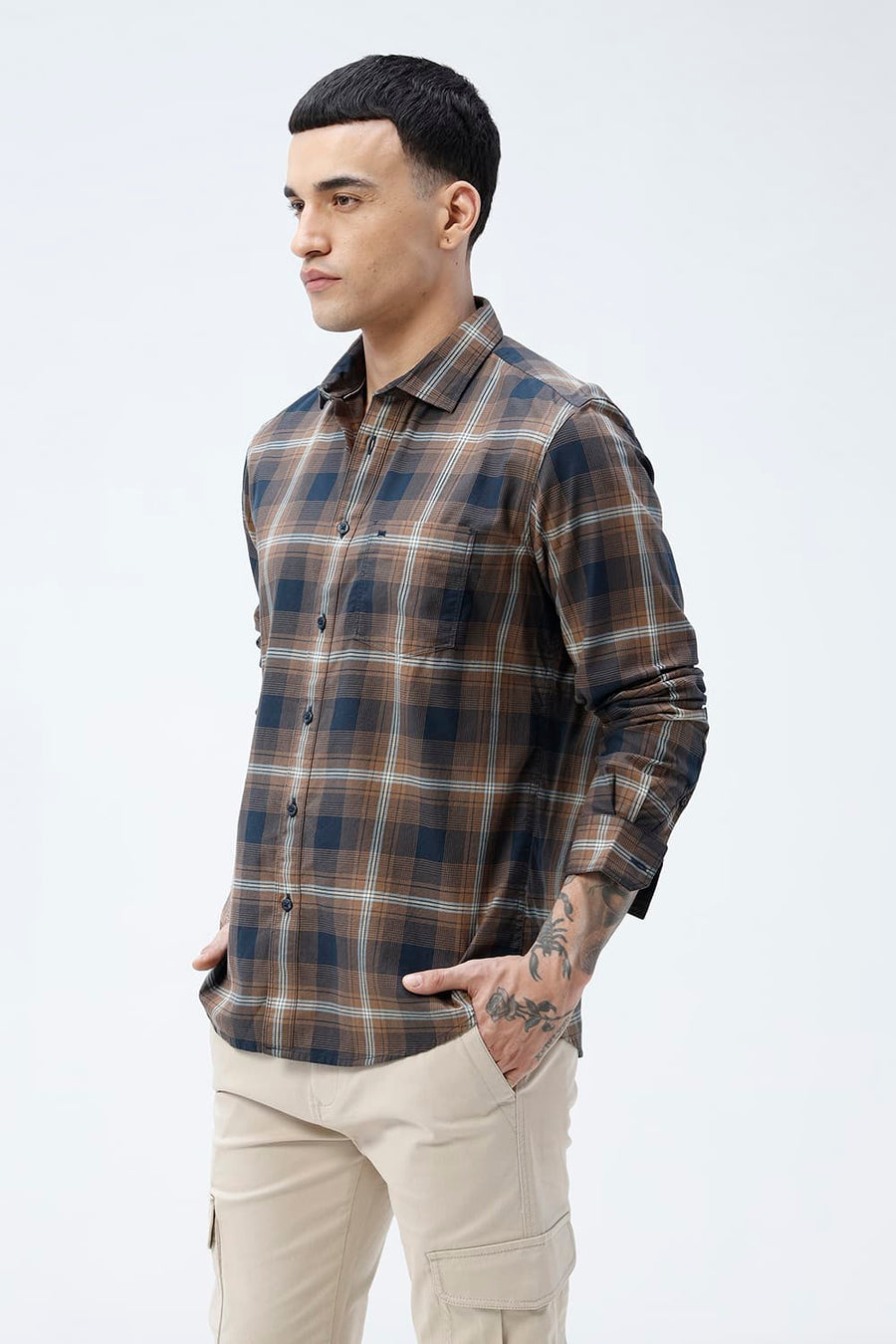 BASICS SLIM FIT COCOA NAVY COTTON TWILL CHECKS SHIRT
