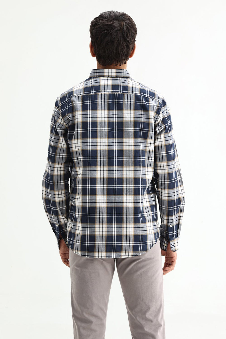 BASICS SLIM FIT MAJOLICA NAVY COTTON TWILL CHECKS SHIRT