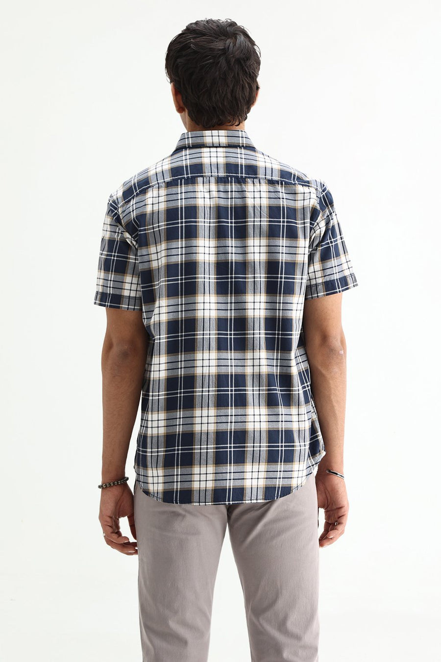 BASICS SLIM FIT MAJOLICA NAVY COTTON TWILL CHECKS HALFSLEEVES SHIRT