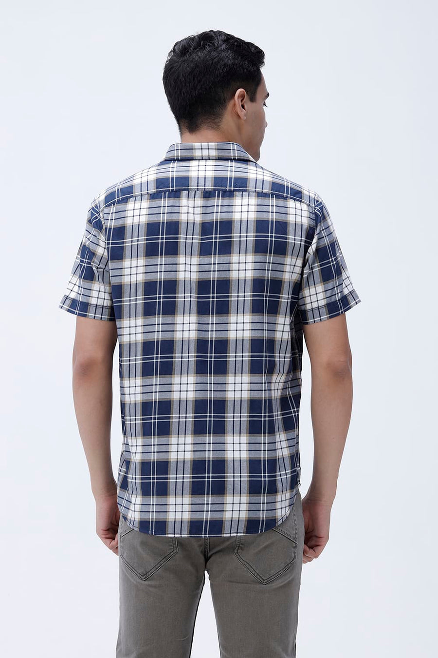 BASICS SLIM FIT MAJOLICA NAVY COTTON TWILL CHECKS HALFSLEEVES SHIRT