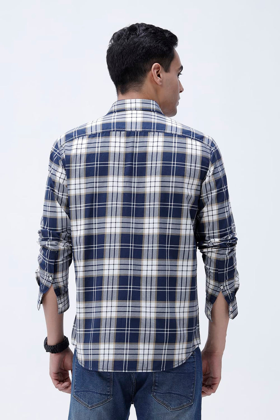 BASICS SLIM FIT MAJOLICA NAVY COTTON TWILL CHECKS SHIRT