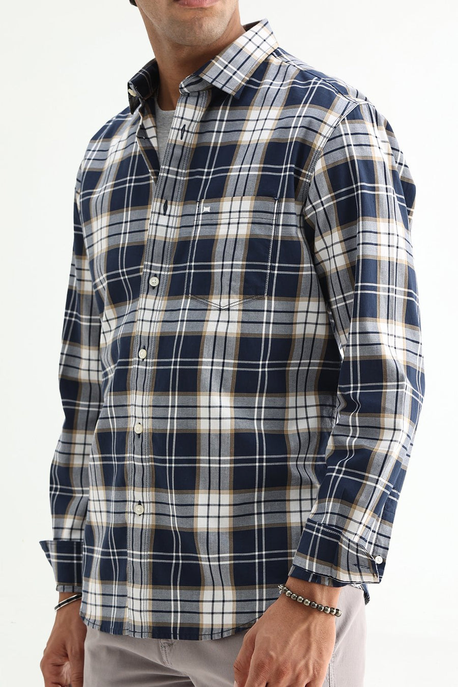 BASICS SLIM FIT MAJOLICA NAVY COTTON TWILL CHECKS SHIRT