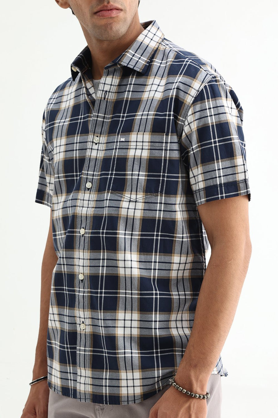 BASICS SLIM FIT MAJOLICA NAVY COTTON TWILL CHECKS HALFSLEEVES SHIRT
