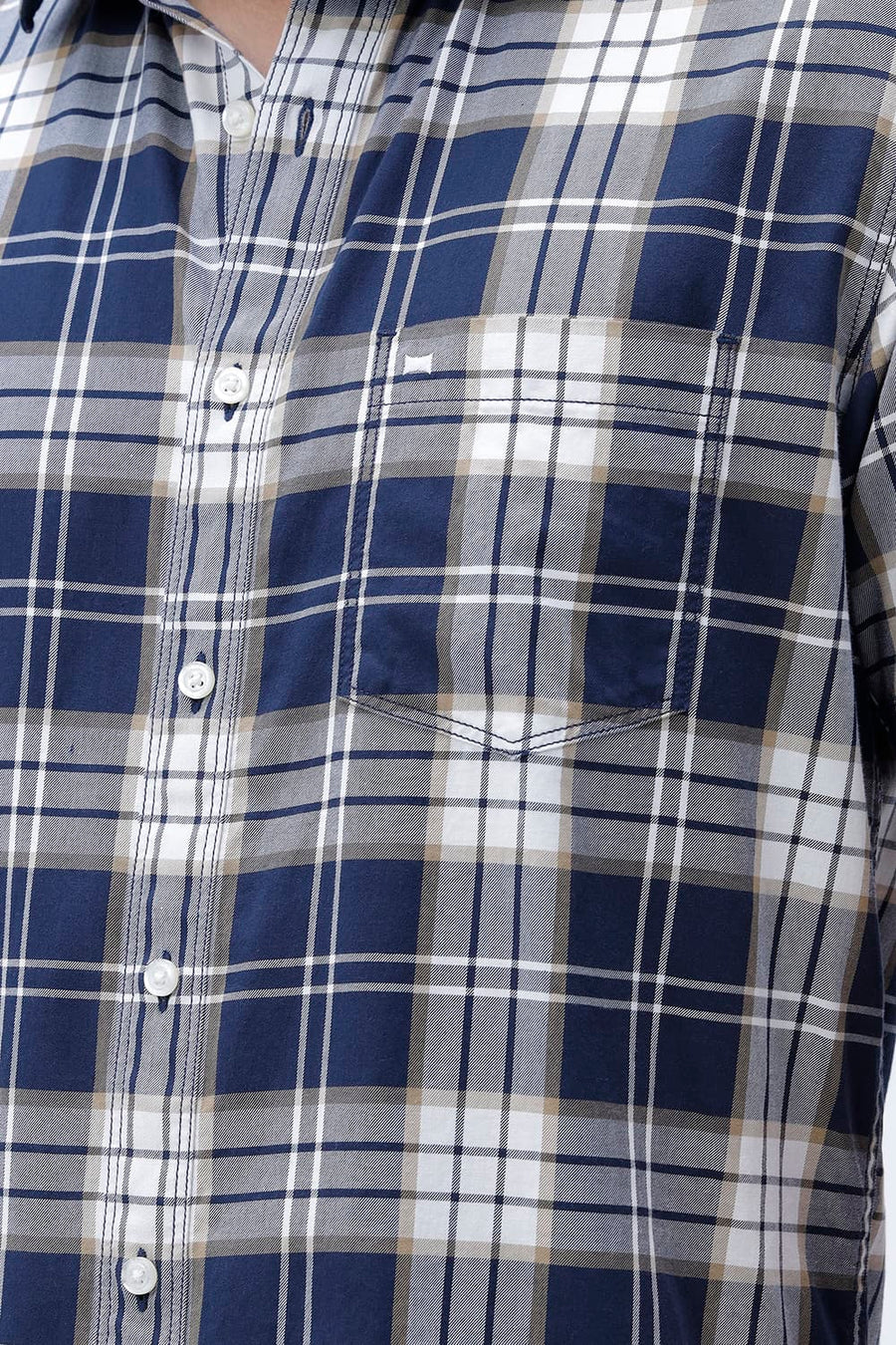 BASICS SLIM FIT MAJOLICA NAVY COTTON TWILL CHECKS HALFSLEEVES SHIRT