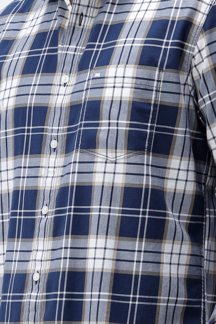 BASICS SLIM FIT MAJOLICA NAVY COTTON TWILL CHECKS SHIRT