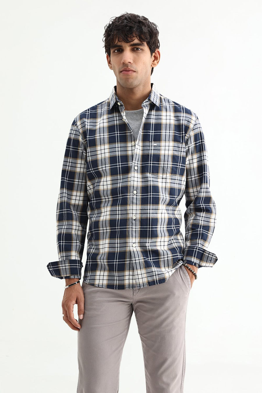 BASICS SLIM FIT MAJOLICA NAVY COTTON TWILL CHECKS SHIRT