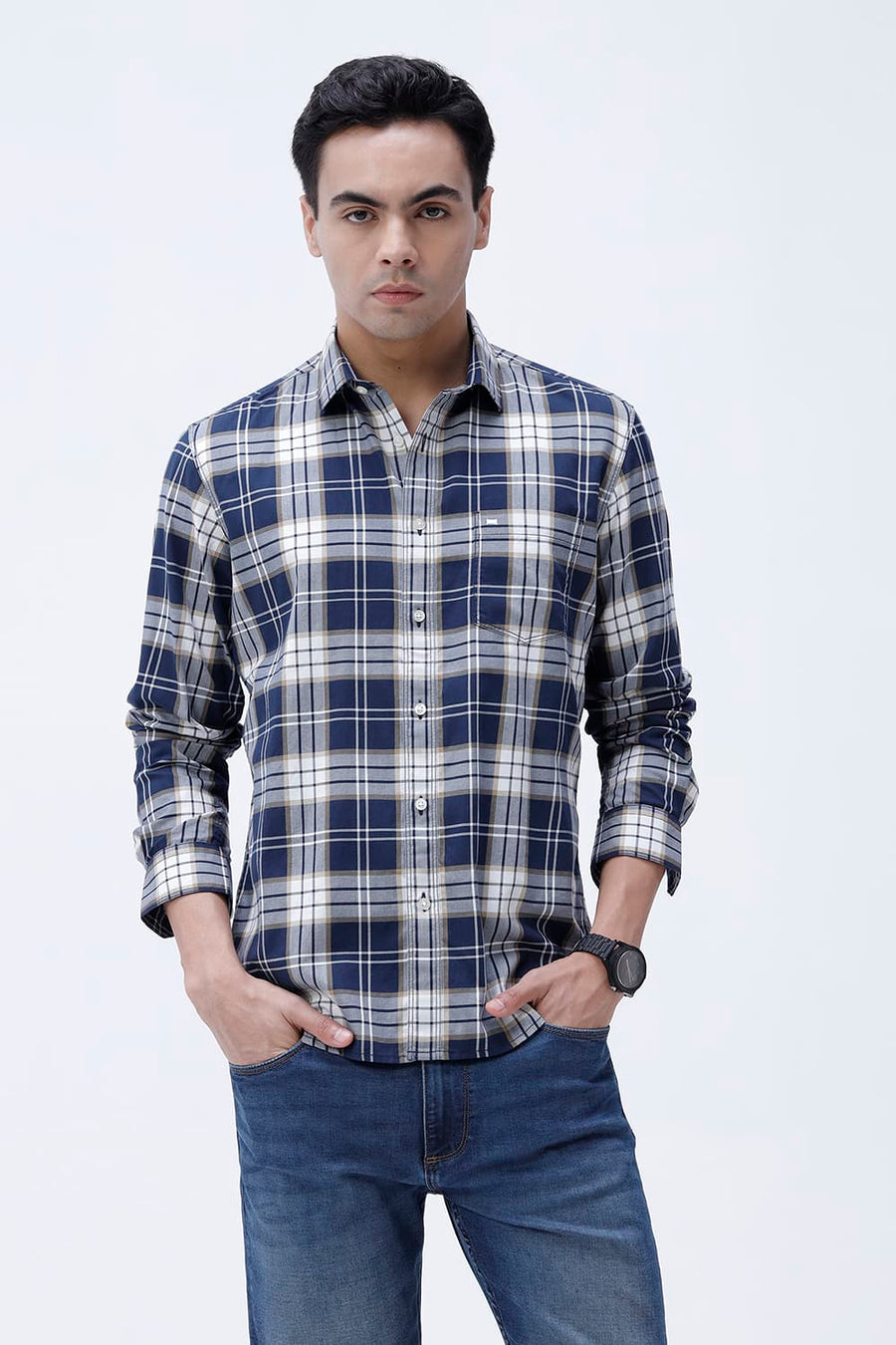 BASICS SLIM FIT MAJOLICA NAVY COTTON TWILL CHECKS SHIRT