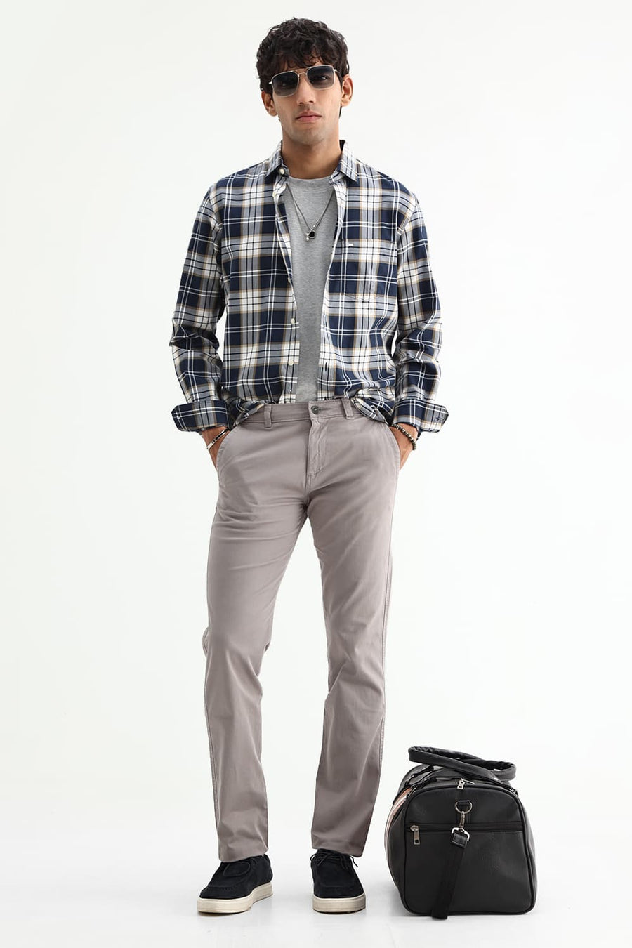 BASICS SLIM FIT MAJOLICA NAVY COTTON TWILL CHECKS SHIRT