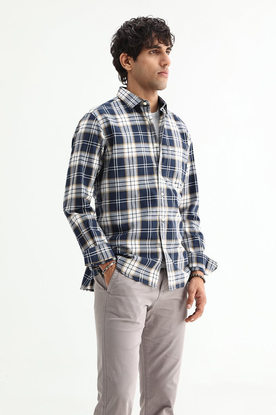 BASICS SLIM FIT MAJOLICA NAVY COTTON TWILL CHECKS SHIRT