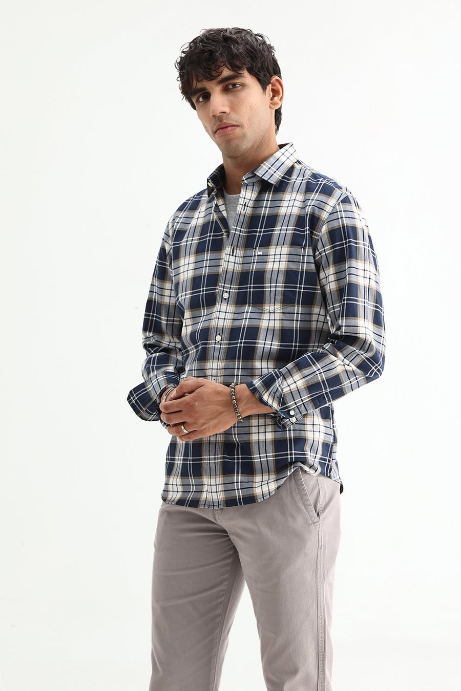 BASICS SLIM FIT MAJOLICA NAVY COTTON TWILL CHECKS SHIRT