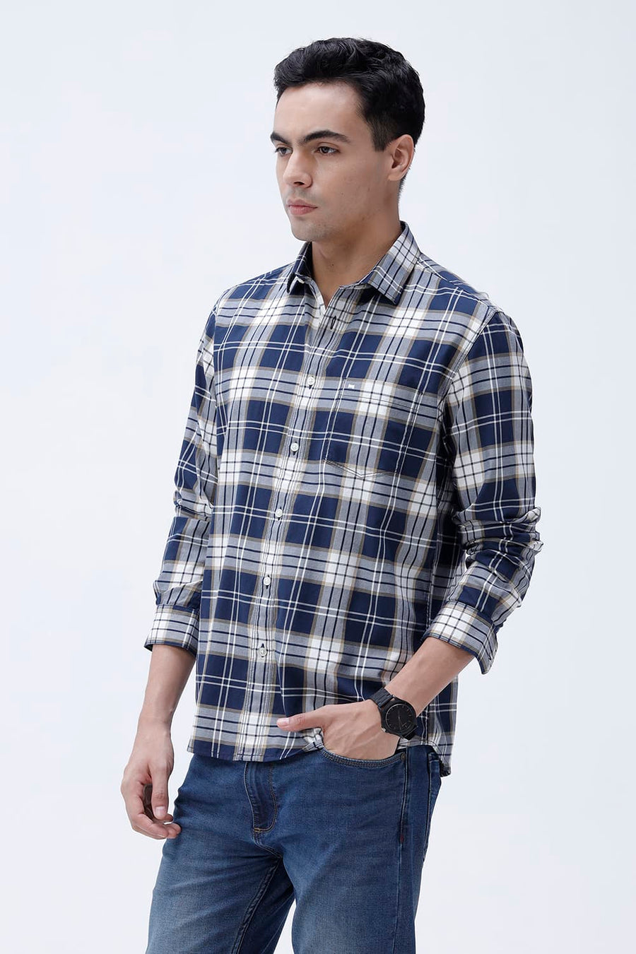 BASICS SLIM FIT MAJOLICA NAVY COTTON TWILL CHECKS SHIRT