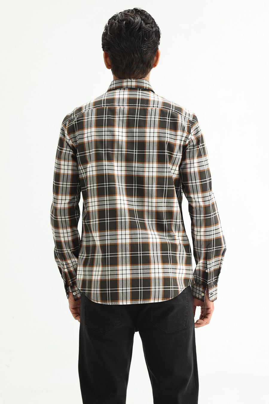 BASICS SLIM FIT PUMPKIN BROWN COTTON TWILL CHECKS SHIRT
