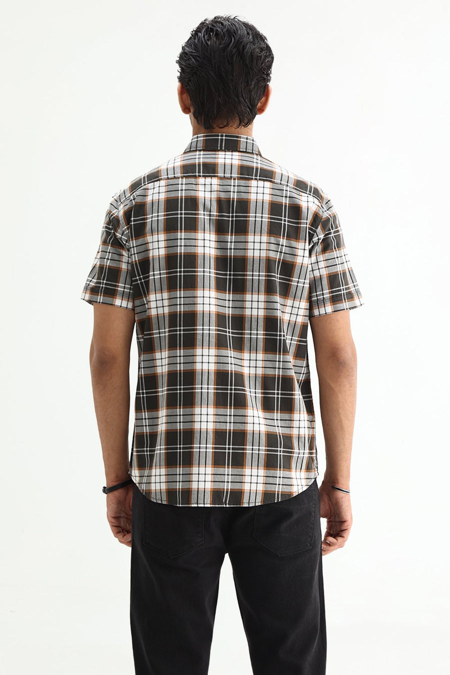 BASICS SLIM FIT PUMPKIN BROWN COTTON TWILL CHECKS HALFSLEEVES SHIRT