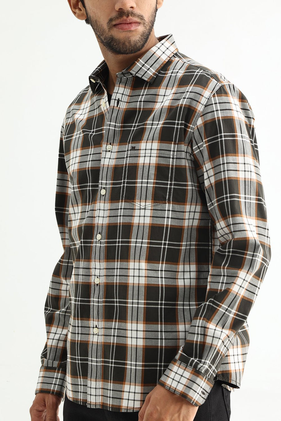 BASICS SLIM FIT PUMPKIN BROWN COTTON TWILL CHECKS SHIRT