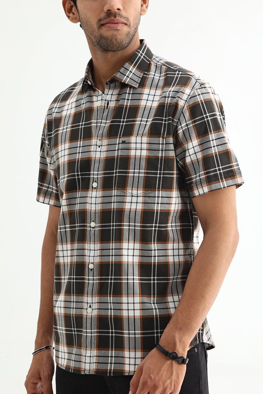 BASICS SLIM FIT PUMPKIN BROWN COTTON TWILL CHECKS HALFSLEEVES SHIRT