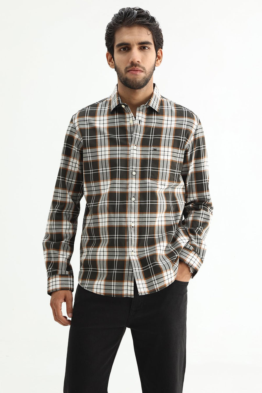 BASICS SLIM FIT PUMPKIN BROWN COTTON TWILL CHECKS SHIRT