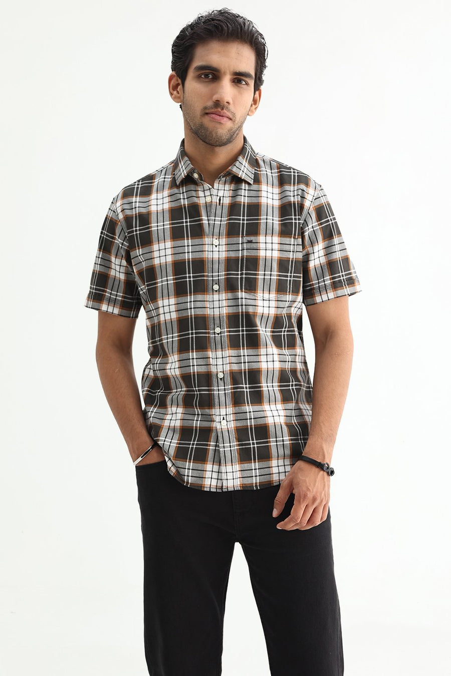 BASICS SLIM FIT PUMPKIN BROWN COTTON TWILL CHECKS HALFSLEEVES SHIRT