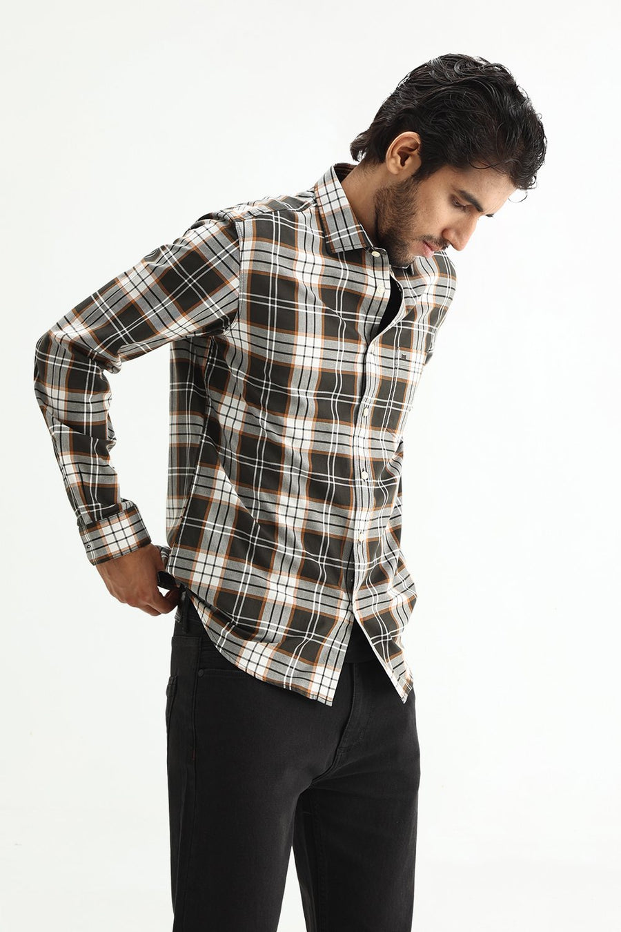 BASICS SLIM FIT PUMPKIN BROWN COTTON TWILL CHECKS SHIRT