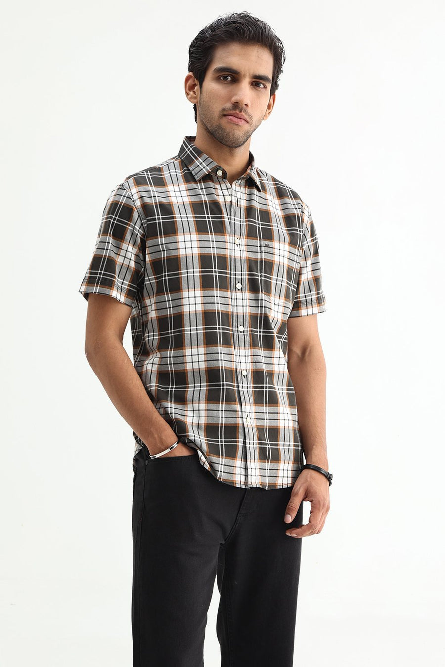 BASICS SLIM FIT PUMPKIN BROWN COTTON TWILL CHECKS HALFSLEEVES SHIRT