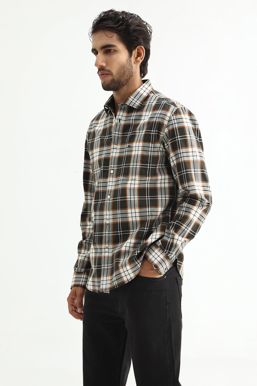 BASICS SLIM FIT PUMPKIN BROWN COTTON TWILL CHECKS SHIRT