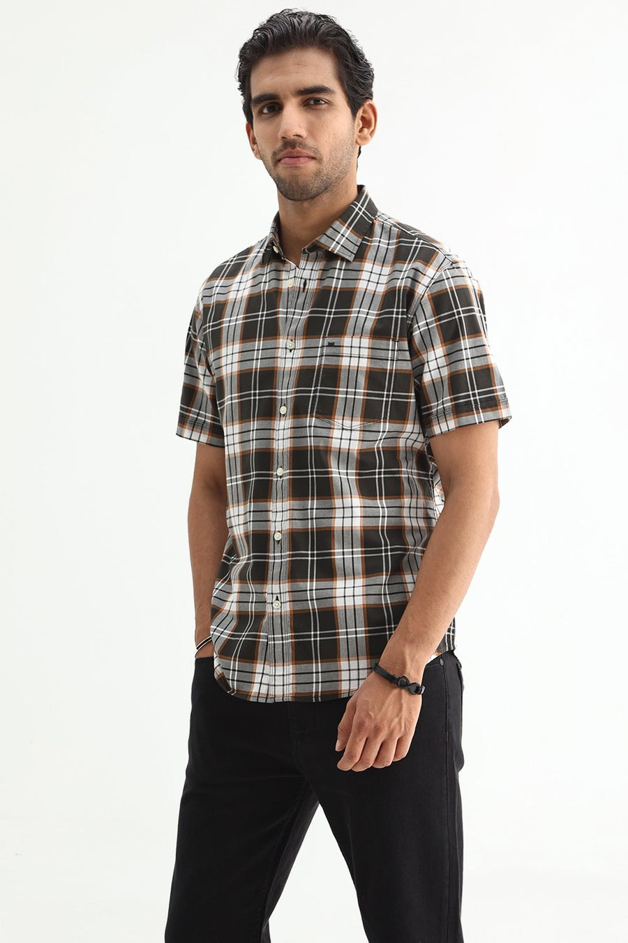 BASICS SLIM FIT PUMPKIN BROWN COTTON TWILL CHECKS HALFSLEEVES SHIRT