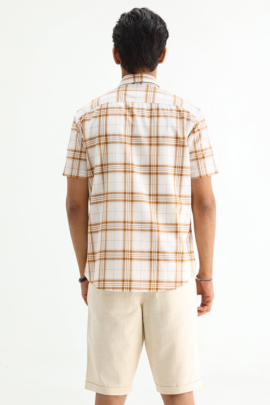 BASICS SLIM FIT HAZEL BROWN COTTON OXFORD CHECKS SHIRT
