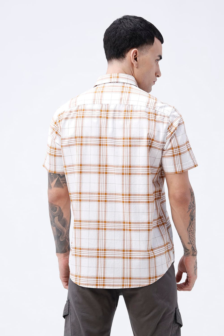 BASICS SLIM FIT HAZEL BROWN COTTON OXFORD CHECKS HALFSLEEVES SHIRT
