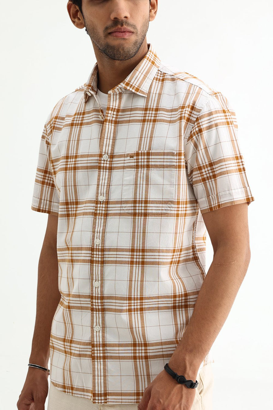 BASICS SLIM FIT HAZEL BROWN COTTON OXFORD CHECKS SHIRT