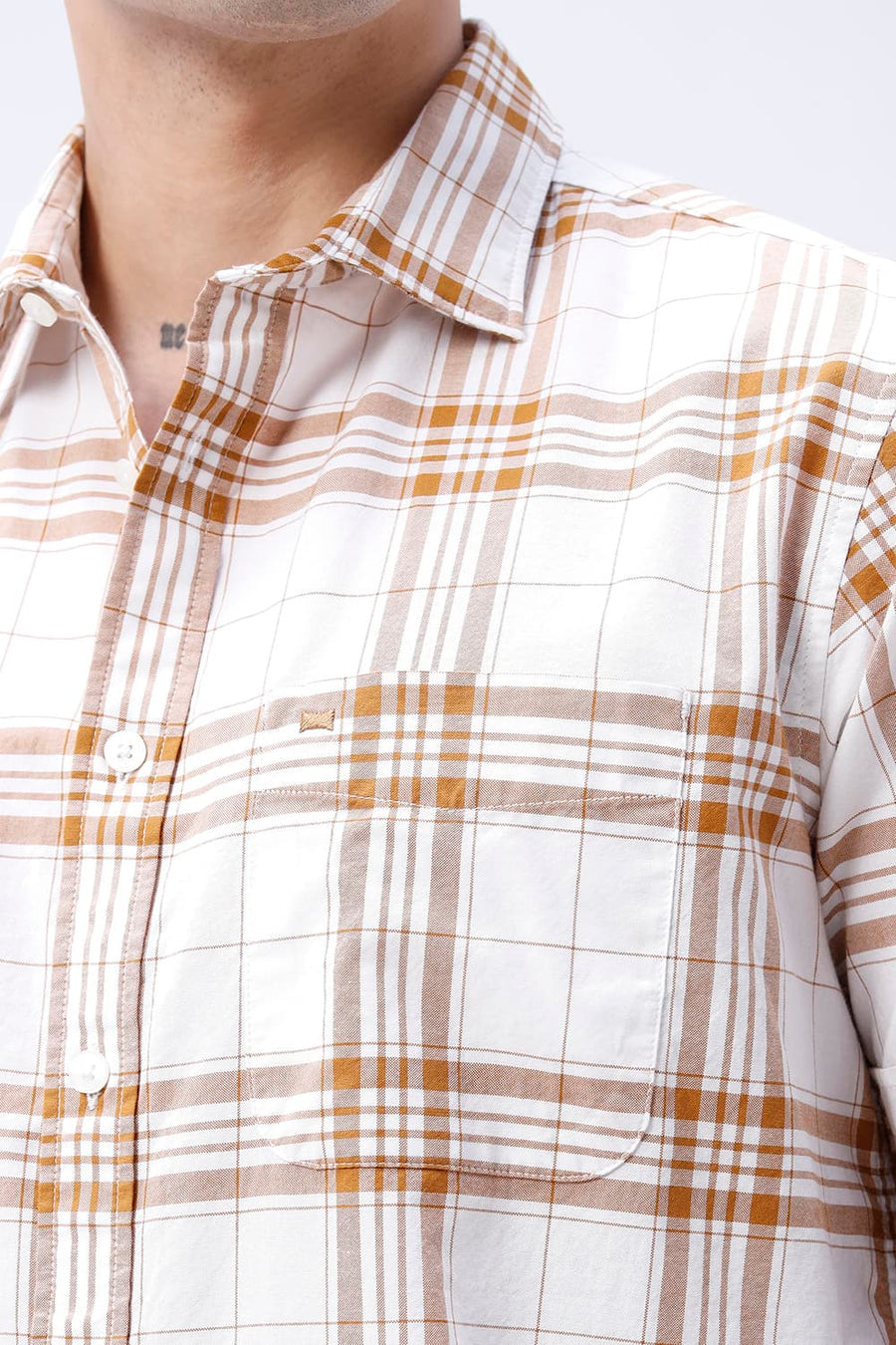 BASICS SLIM FIT HAZEL BROWN COTTON OXFORD CHECKS HALFSLEEVES SHIRT