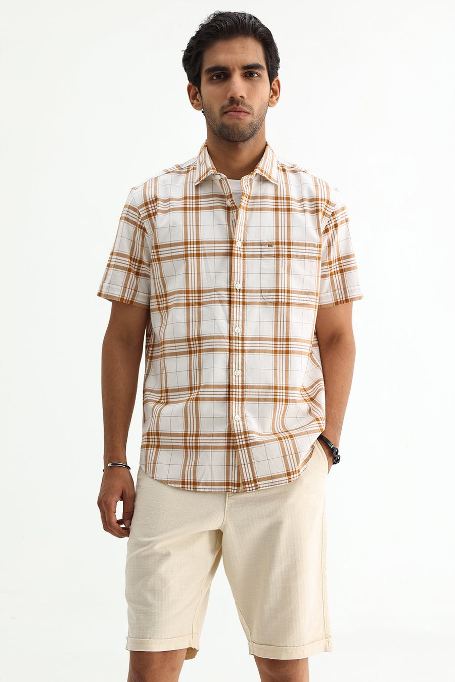 BASICS SLIM FIT HAZEL BROWN COTTON OXFORD CHECKS SHIRT