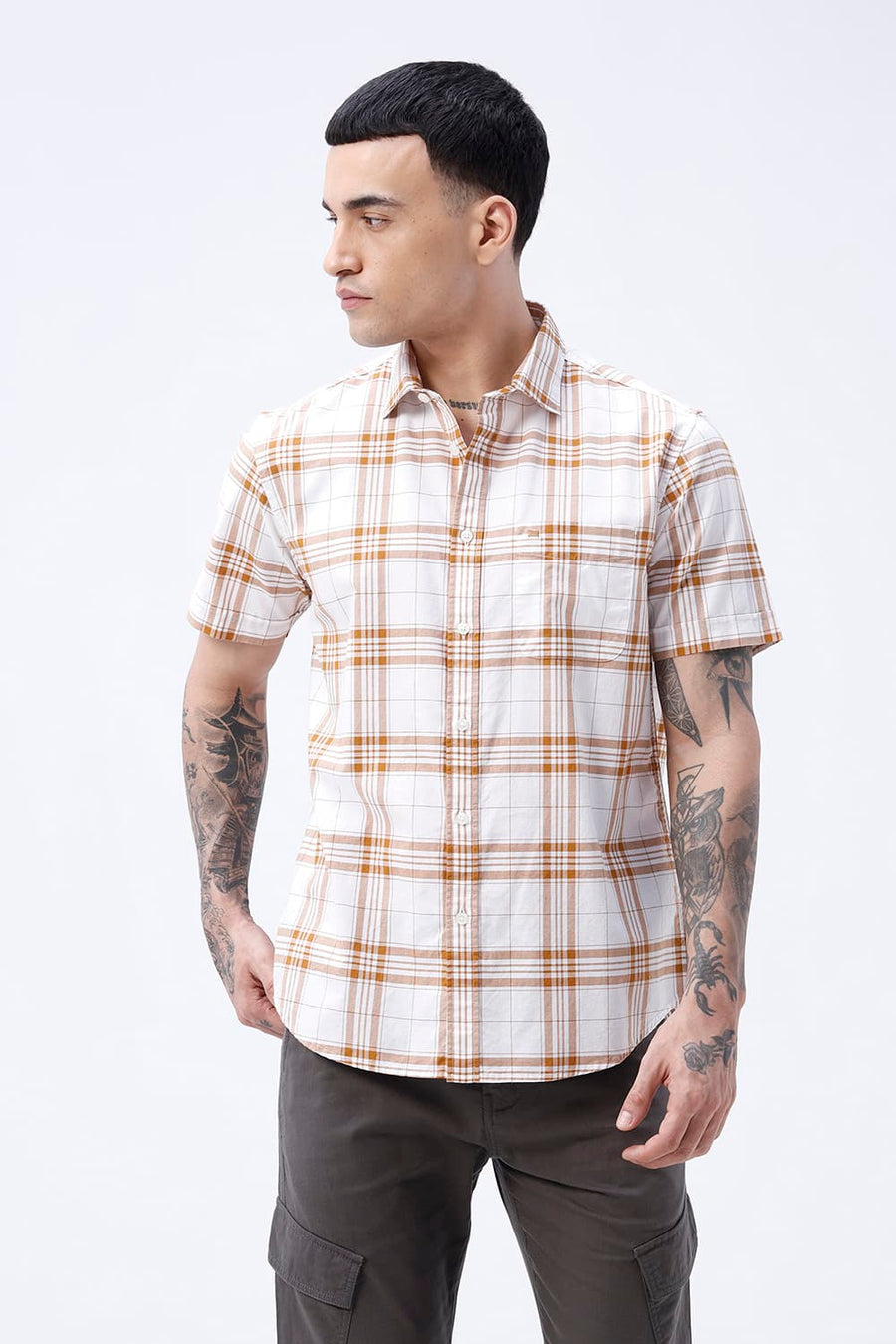 BASICS SLIM FIT HAZEL BROWN COTTON OXFORD CHECKS HALFSLEEVES SHIRT