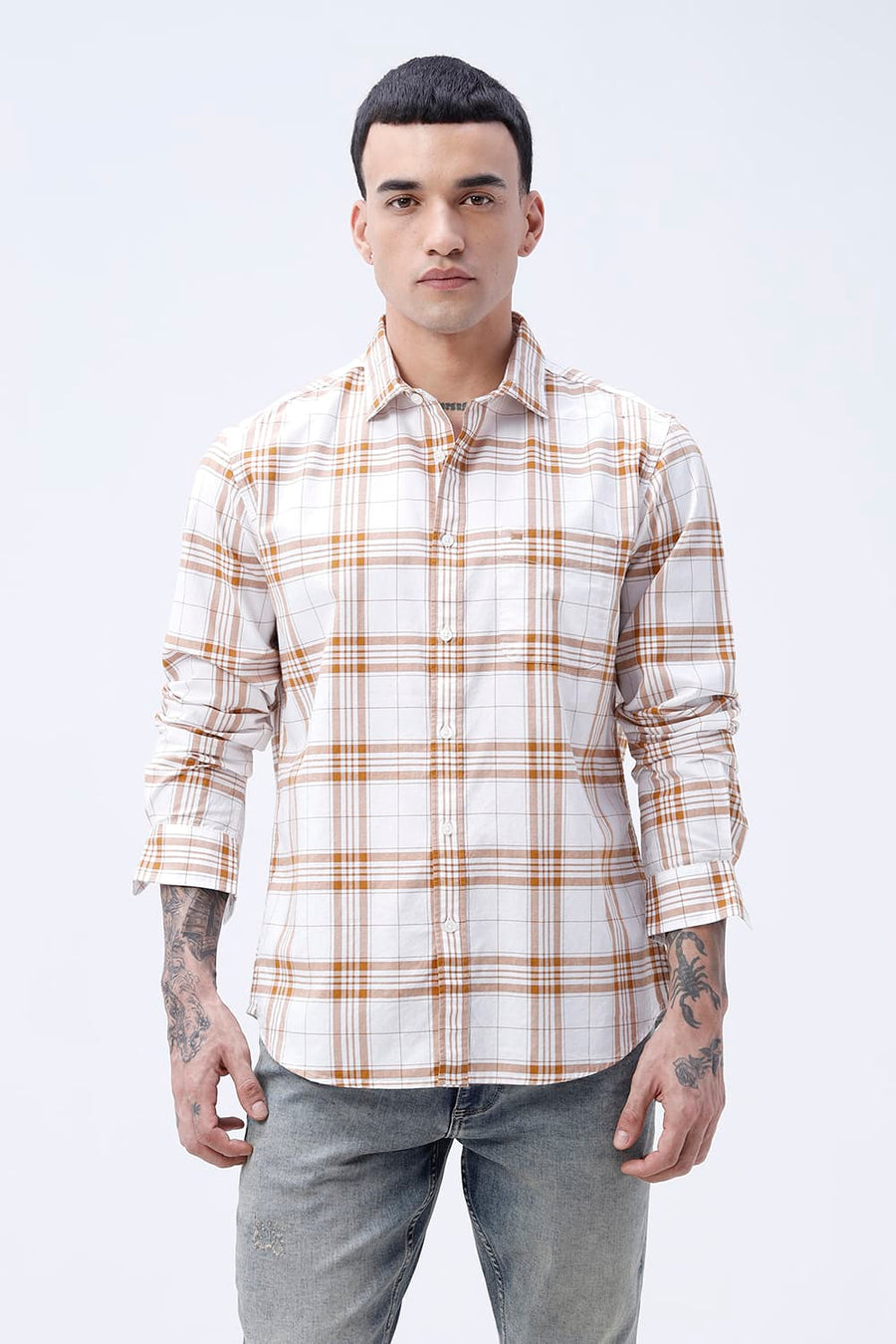 BASICS SLIM FIT HAZEL BROWN COTTON OXFORD CHECKS SHIRT
