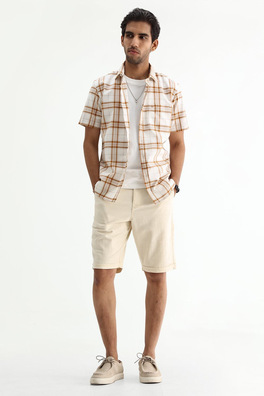 BASICS SLIM FIT HAZEL BROWN COTTON OXFORD CHECKS SHIRT