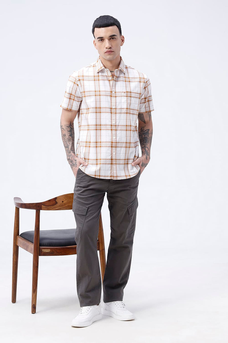 BASICS SLIM FIT HAZEL BROWN COTTON OXFORD CHECKS HALFSLEEVES SHIRT