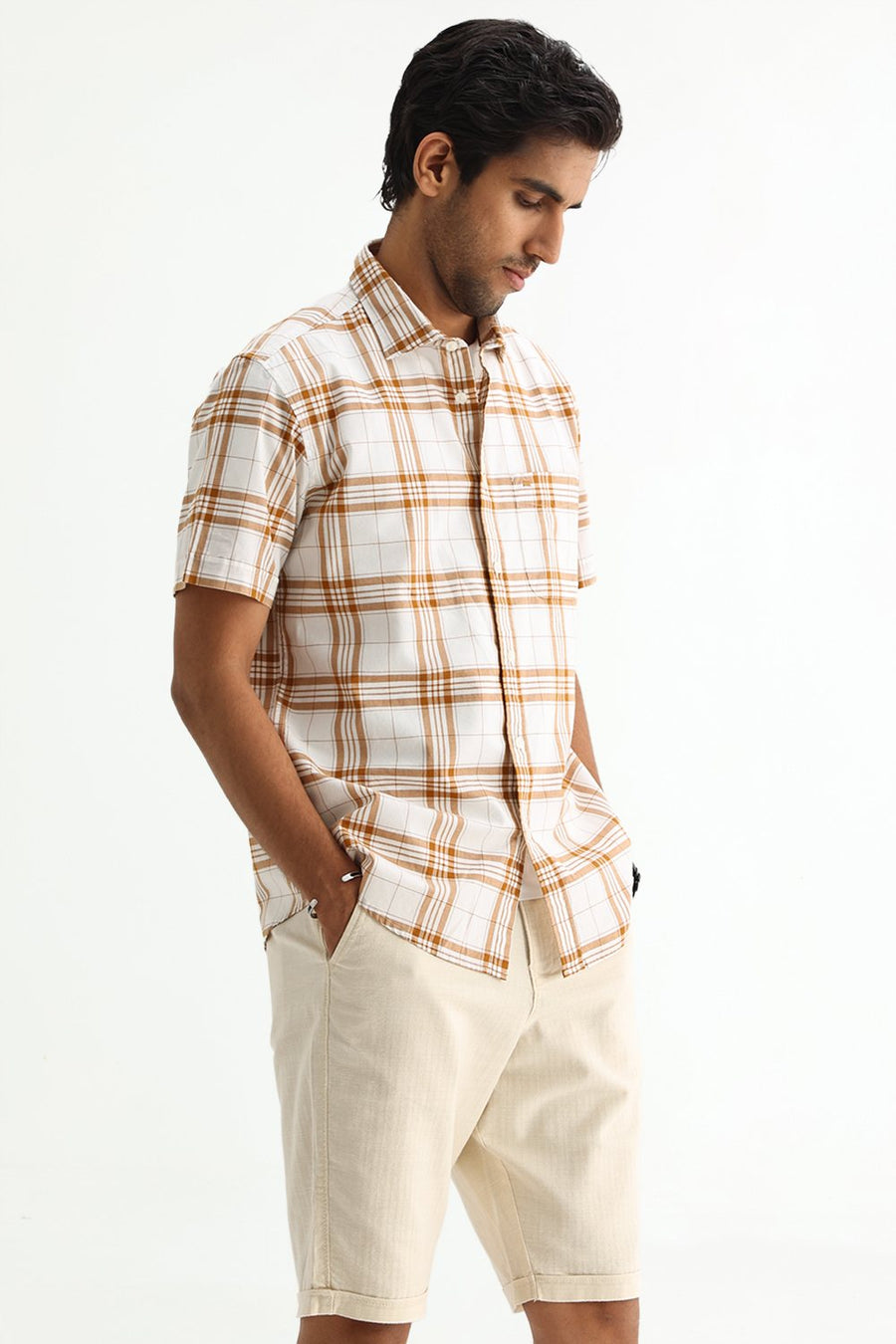 BASICS SLIM FIT HAZEL BROWN COTTON OXFORD CHECKS SHIRT