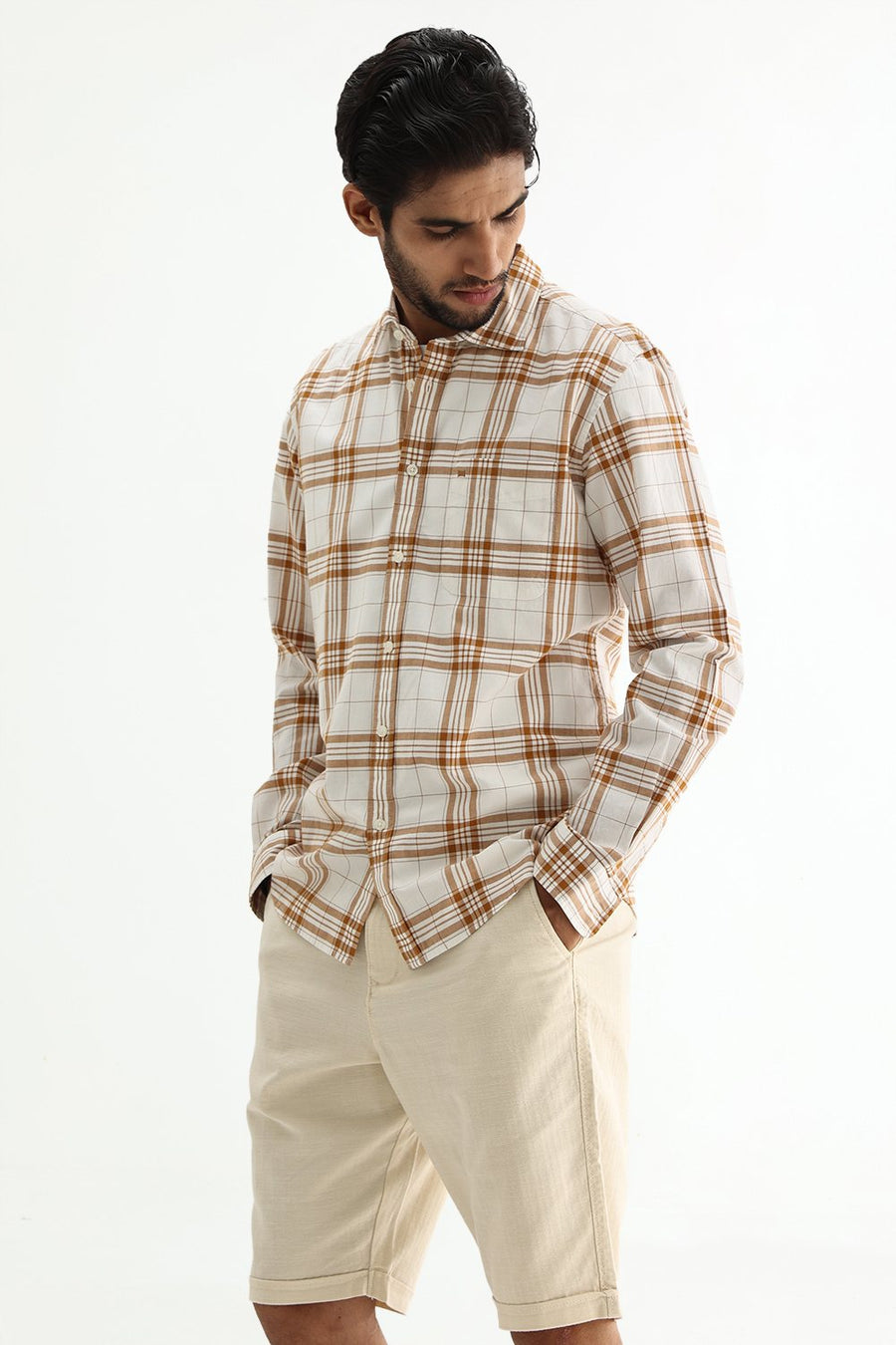 BASICS SLIM FIT HAZEL BROWN COTTON OXFORD CHECKS SHIRT