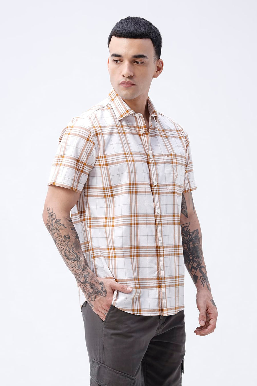 BASICS SLIM FIT HAZEL BROWN COTTON OXFORD CHECKS HALFSLEEVES SHIRT