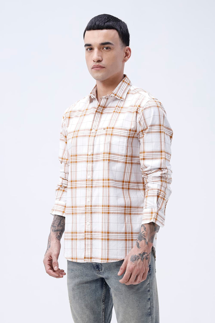 BASICS SLIM FIT HAZEL BROWN COTTON OXFORD CHECKS SHIRT