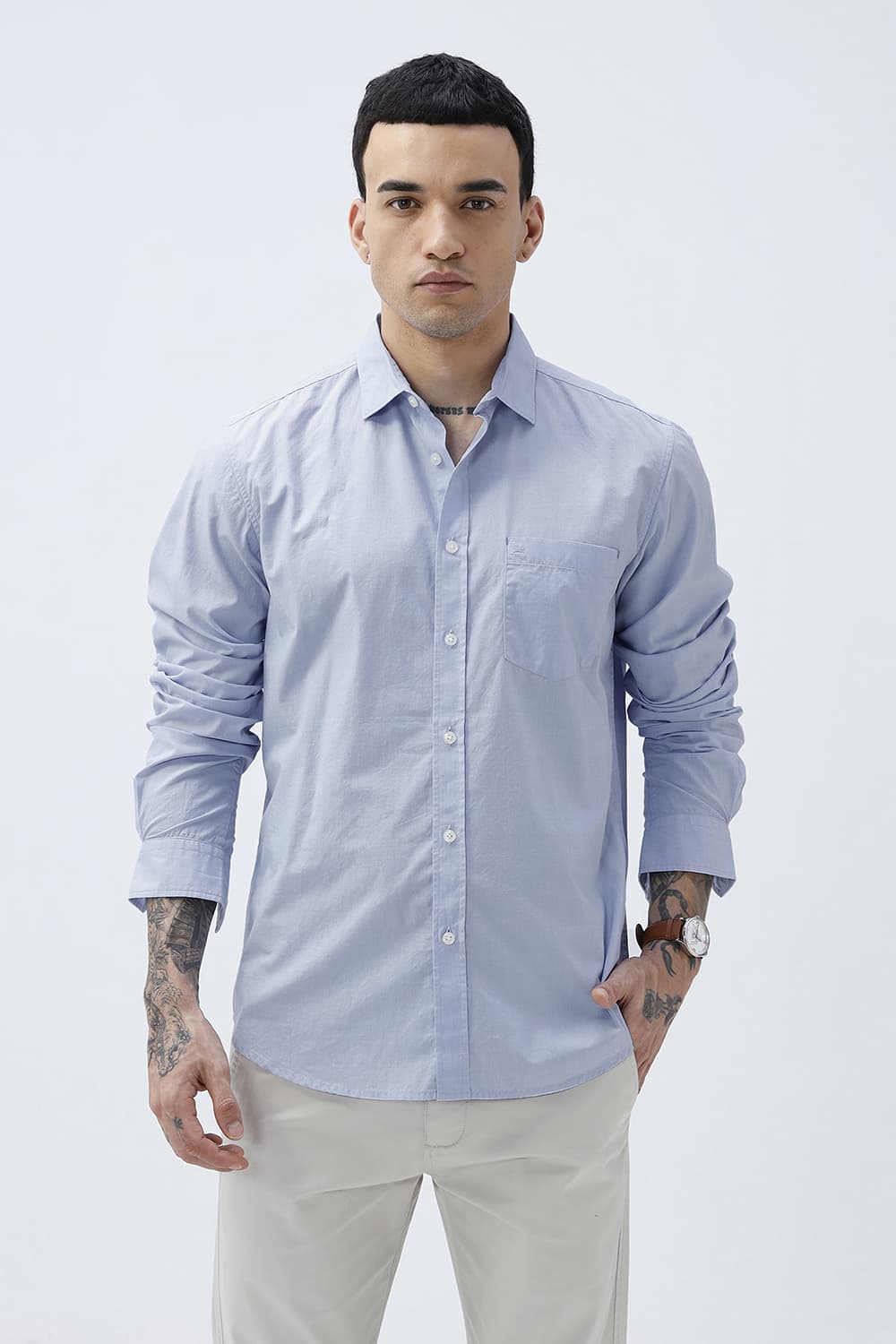 BASICS SLIM FIT HEATHER BLUE COTTON FIL-A-FIL SHIRT