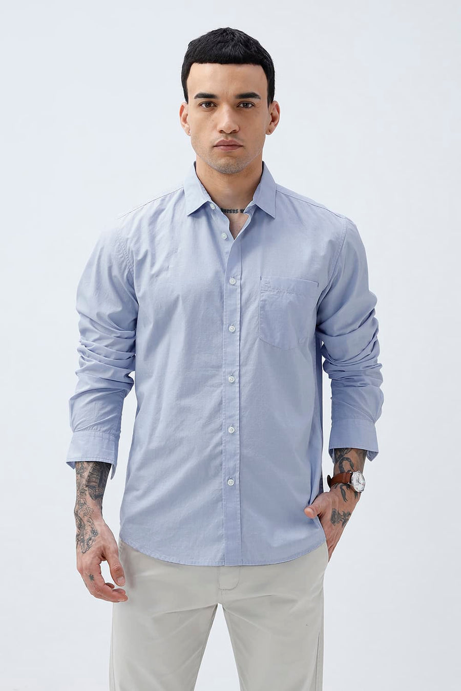 BASICS SLIM FIT HEATHER BLUE COTTON FIL-A-FIL SHIRT