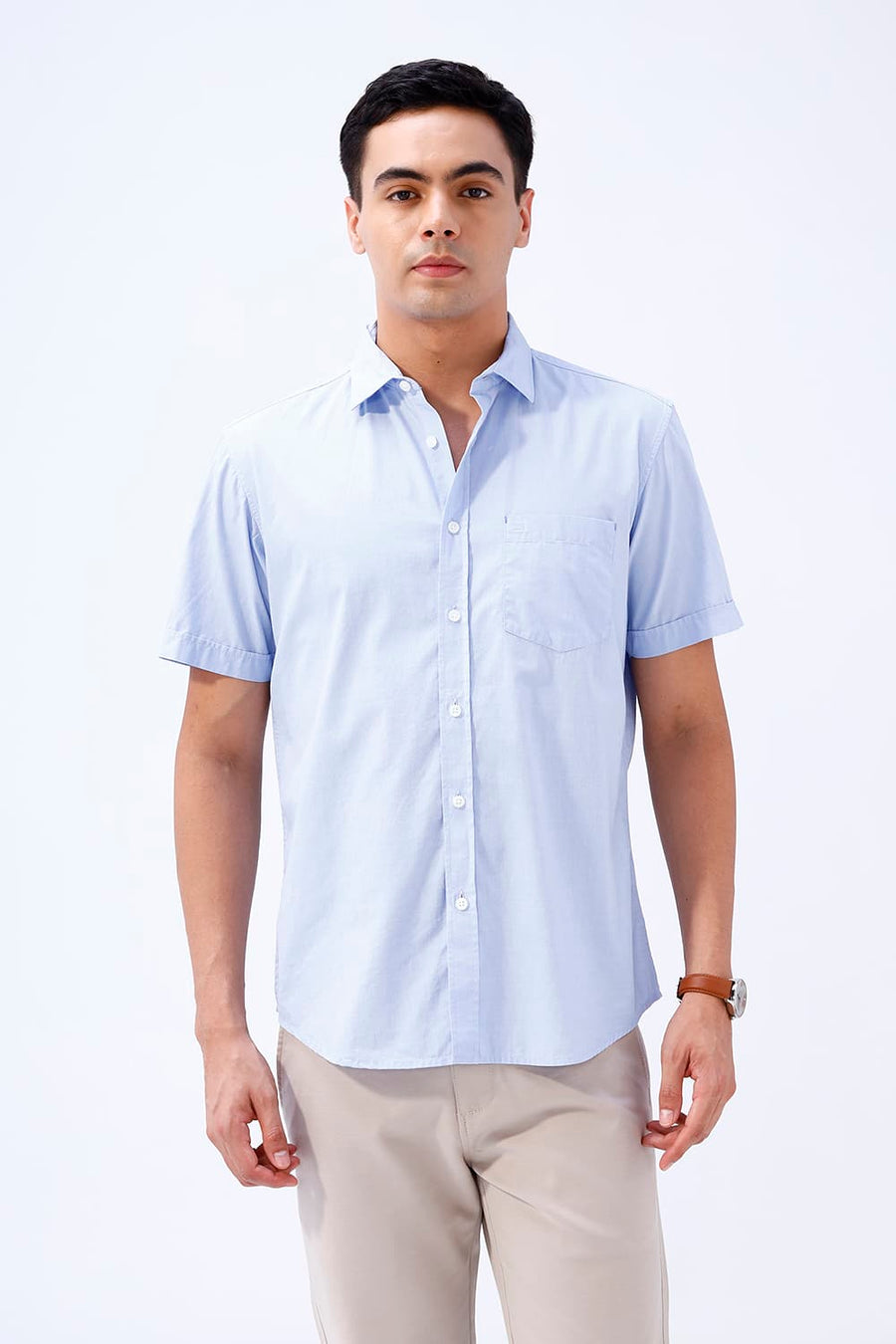 BASICS SLIM FIT HEATHER BLUE COTTON FIL-A-FIL HALFSLEEVES SHIRT