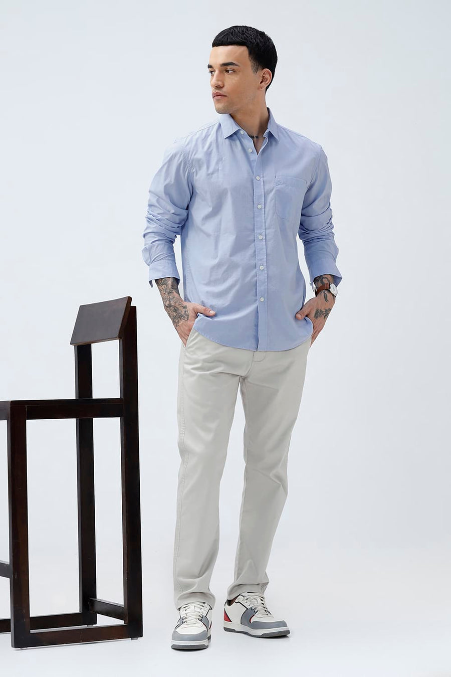 BASICS SLIM FIT HEATHER BLUE COTTON FIL-A-FIL SHIRT